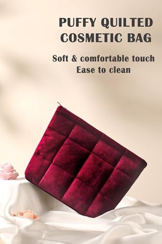 HFLZBRO Puffy Quilted Makeup Bag, Cosmetic Bag, Travel Toiletry Organizer Pouch, Clutch for Women(Wine Red - Velvet) - Image 2