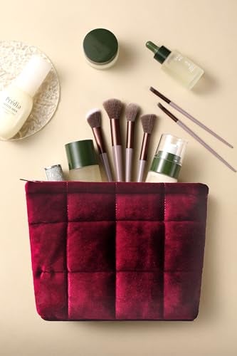 HFLZBRO Puffy Quilted Makeup Bag, Cosmetic Bag, Travel Toiletry Organizer Pouch, Clutch for Women(Wine Red - Velvet) - Image 3