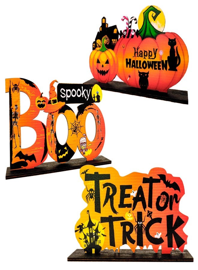 MEMOVAN زينة طاولة MEMOVAN Happy Halloween مكونة من 3 قطع مركزية على شكل يقطين هالوين للطاولات، لافتات خشبية على شكل حلوى أو خدعة/بو مخيفة لحفل الهالوين، صينية داخلية، غرفة - Image 1