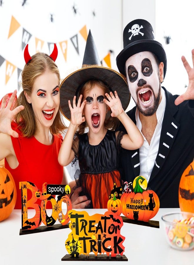 MEMOVAN زينة طاولة MEMOVAN Happy Halloween مكونة من 3 قطع مركزية على شكل يقطين هالوين للطاولات، لافتات خشبية على شكل حلوى أو خدعة/بو مخيفة لحفل الهالوين، صينية داخلية، غرفة - Image 3