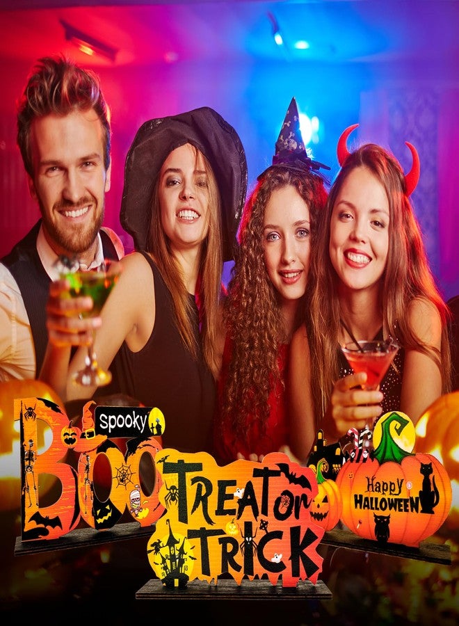 MEMOVAN زينة طاولة MEMOVAN Happy Halloween مكونة من 3 قطع مركزية على شكل يقطين هالوين للطاولات، لافتات خشبية على شكل حلوى أو خدعة/بو مخيفة لحفل الهالوين، صينية داخلية، غرفة - Image 5