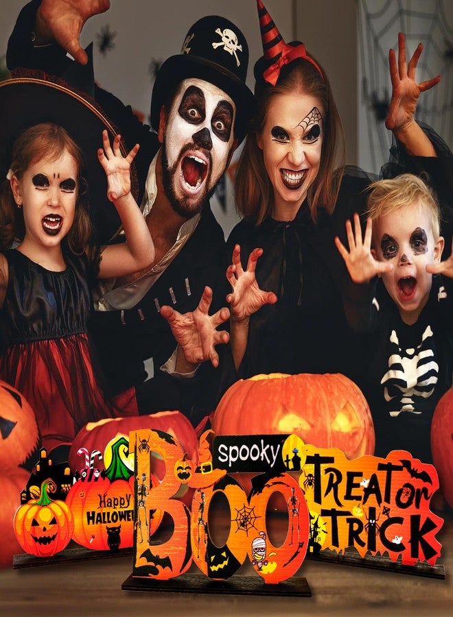 MEMOVAN زينة طاولة MEMOVAN Happy Halloween مكونة من 3 قطع مركزية على شكل يقطين هالوين للطاولات، لافتات خشبية على شكل حلوى أو خدعة/بو مخيفة لحفل الهالوين، صينية داخلية، غرفة - Image 4