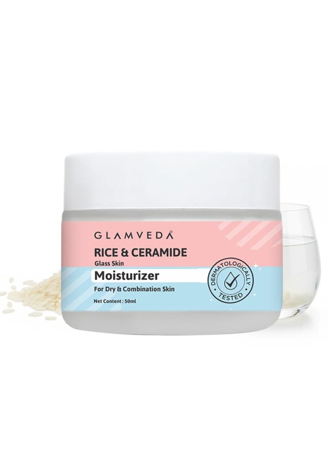 Glamveda Korean Rice & Ceramide Moisturizer Cream For Dry Skin | Face Moisturizer for Glowing Skin | Skin Barrier Building & Nourishing | Reduce Fine Lines Wrinkles & Age Spots | Women & Men | 50ml - Image 1