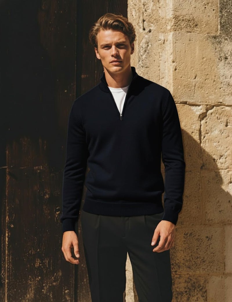 H2H Men's Quarter-Zip Pullover Casual Slim Fit Mock Neck Polo Sweaters Navy US 2XL/Asia 3XL (KMOSWL021) - Image 2