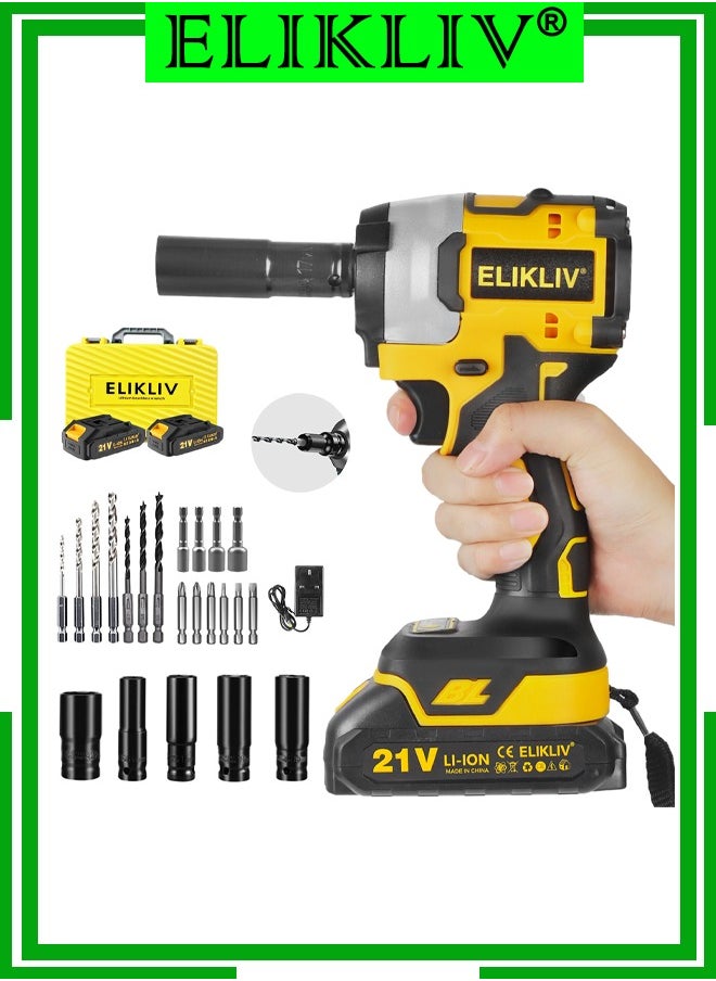 ELIKLIV 21V Dual Purpose Cordless Impact Wrench Kit, Cordless Impact Wrench Kit 1/2 Inch with Two Batteries 