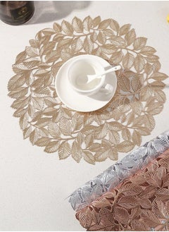 XiuWoo Set Of 6 Round Table Place Mats Gold Olive Leaves 15inch, PVC Place Mat Vinyl Hollow Out Heat Insulation Washable Gold Table Mats for Dining Table 40x40CM, Leaves Pattern  - Image 1