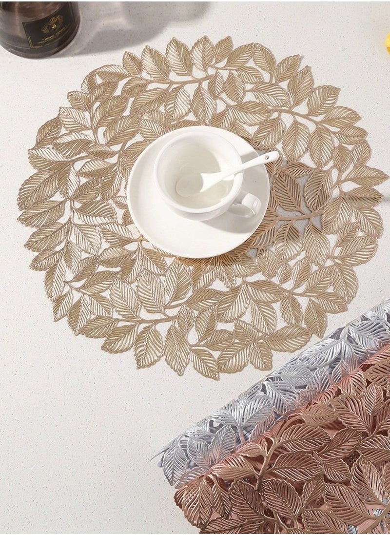 XiuWoo Set Of 6 Round Table Place Mats Gold Olive Leaves 15inch, PVC Place Mat Vinyl Hollow Out Heat Insulation Washable Gold Table Mats for Dining Table 40x40CM, Leaves Pattern  - Image 1