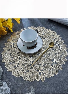 XiuWoo Set Of 6 Round Table Place Mats Gold Olive Leaves 15inch, PVC Place Mat Vinyl Hollow Out Heat Insulation Washable Gold Table Mats for Dining Table 40x40CM, Leaves Pattern  - Image 3