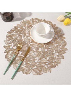 XiuWoo Set Of 6 Round Table Place Mats Gold Olive Leaves 15inch, PVC Place Mat Vinyl Hollow Out Heat Insulation Washable Gold Table Mats for Dining Table 40x40CM, Leaves Pattern  - Image 4