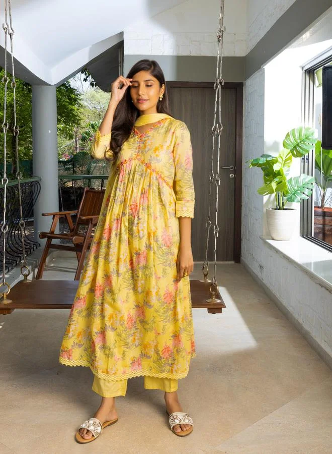 DW DW Floral Printed A-Line Kurta with Trousers and Dupatta Set