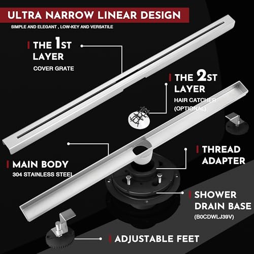 muschbath 24 Inch Ultra Narrow Linear Shower Drain, Brushed Nickel Extra Slim Shower Drain, 304 Stainless Steel, Easy to Install and Clean for Bathrooms (Drain Base Not Included), LSDE8-31A-24S - Image 2