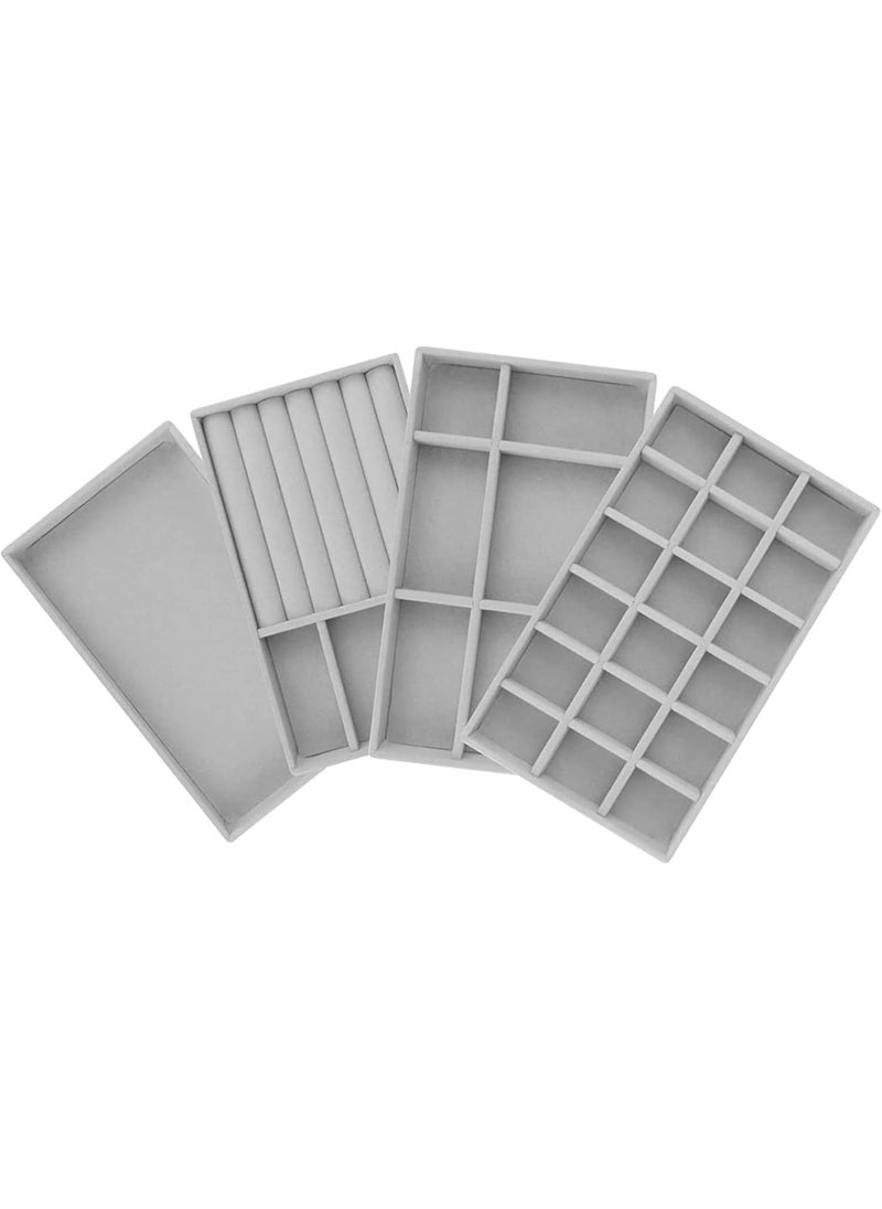 Generic KENNYDA 4 Pcs Jewelry Storage Display Trays, Stackable Velvet Jewelry Organizer Trays Jewelry Drawer Organizer with 4 PCS Wiping Cloth for Ring Earring Necklace Bracelet (Grey)  - Image 1