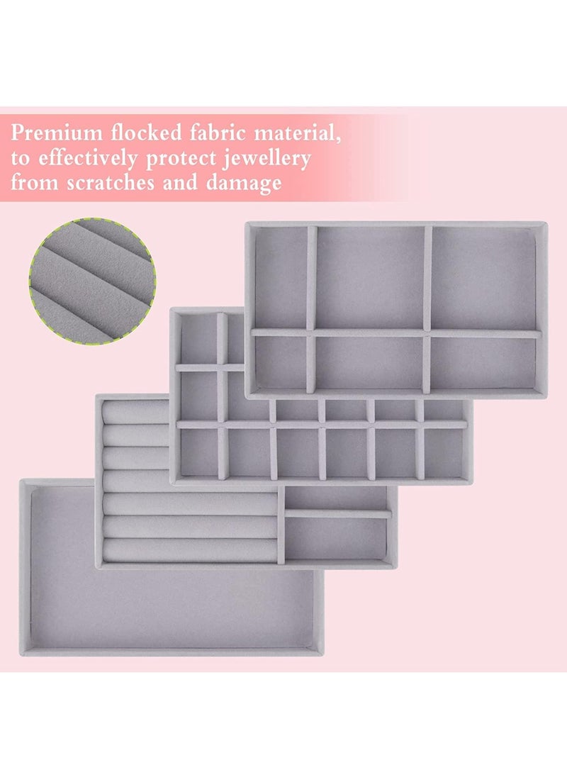 Generic KENNYDA 4 Pcs Jewelry Storage Display Trays, Stackable Velvet Jewelry Organizer Trays Jewelry Drawer Organizer with 4 PCS Wiping Cloth for Ring Earring Necklace Bracelet (Grey)  - Image 3
