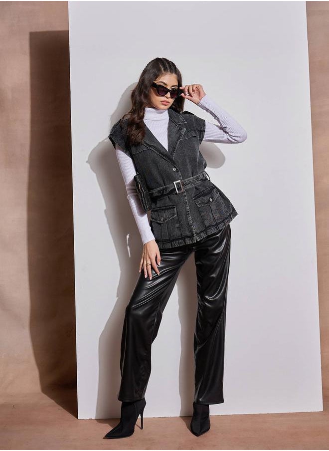 SASSAFRAS Acid Washed Pocket Detail Sleeveless Belted Jacket by Styli  - Image 1