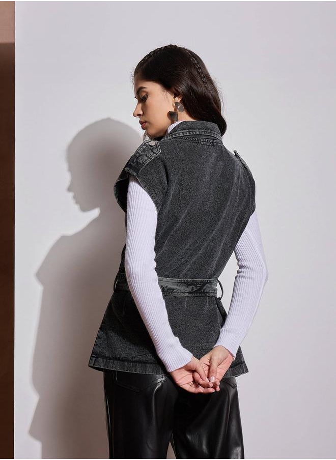 SASSAFRAS Acid Washed Pocket Detail Sleeveless Belted Jacket by Styli  - Image 4
