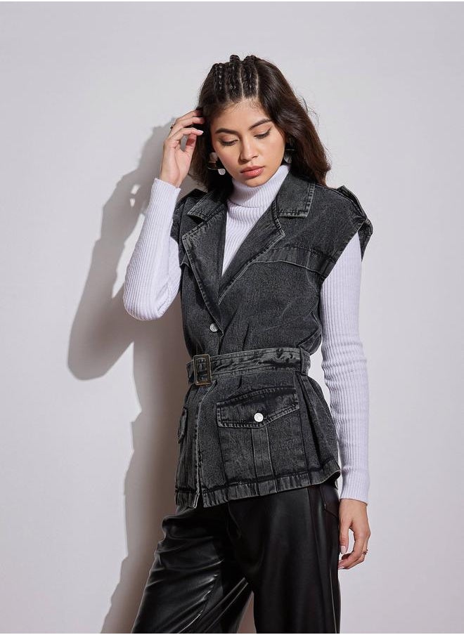 SASSAFRAS Acid Washed Pocket Detail Sleeveless Belted Jacket by Styli  - Image 2