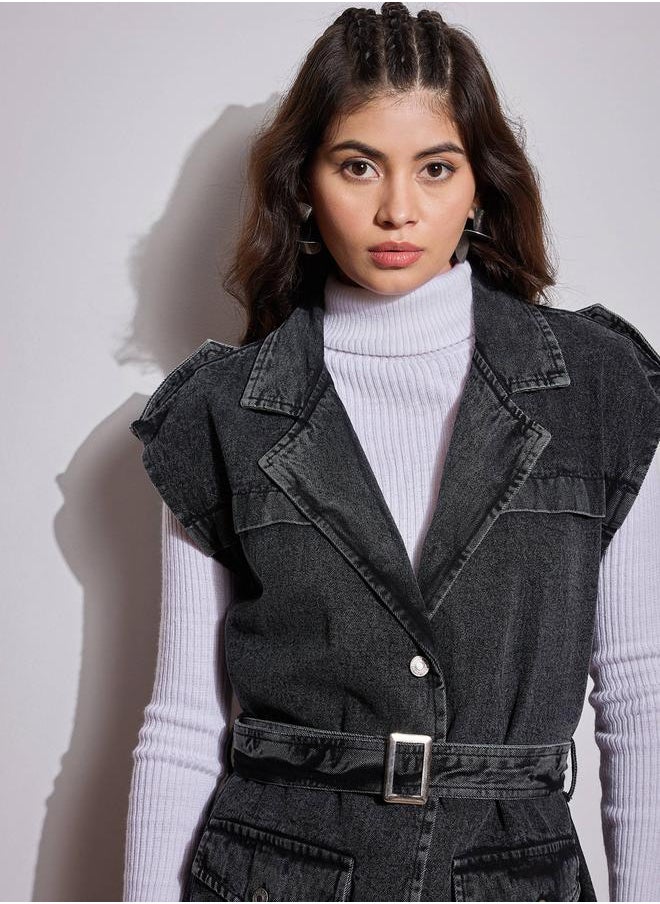 SASSAFRAS Acid Washed Pocket Detail Sleeveless Belted Jacket by Styli  - Image 3