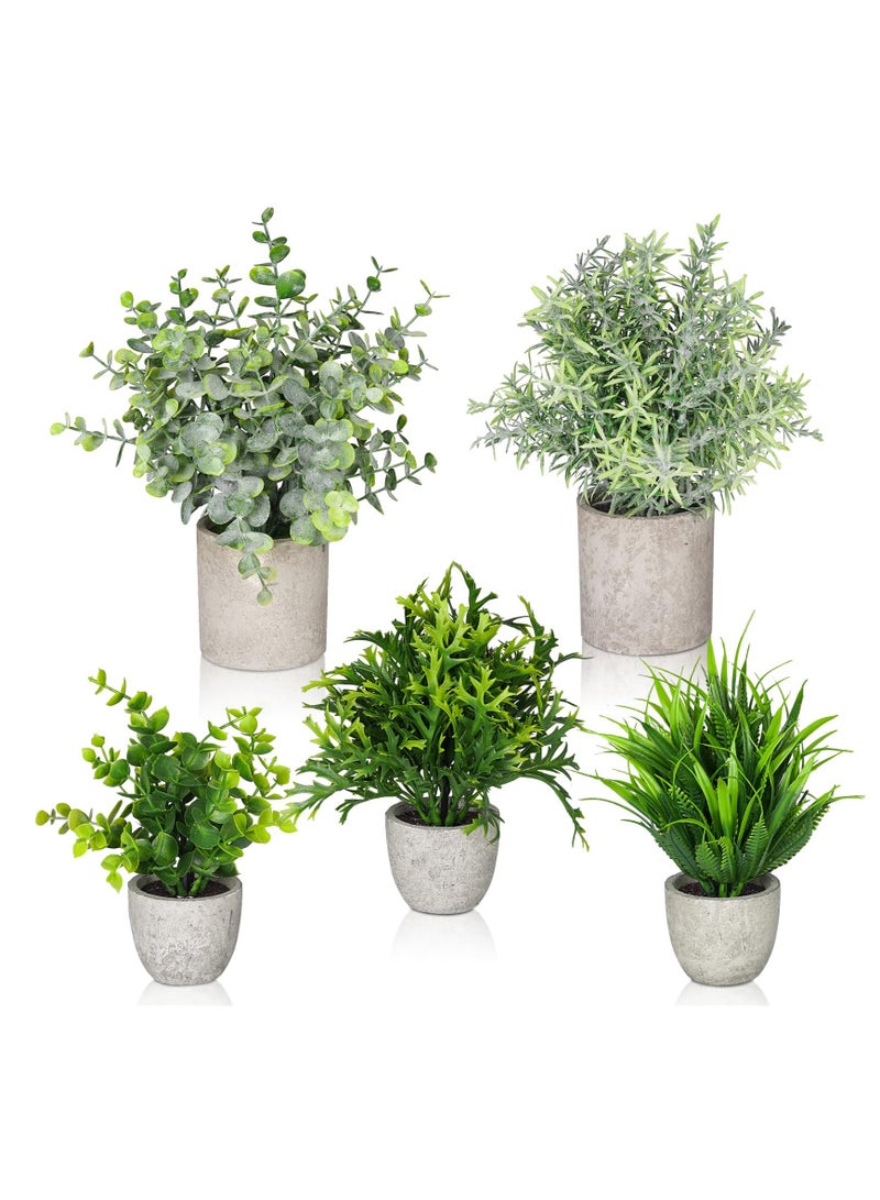 Arabest Fake Plants, 5 Pack Mini Potted Artificial Plant Small Faux Eucalyptus Greenery Plastic Fake Green Grass Plants for Indoor Outdoor Office Bathroom Shelf Farmhouse Coffee Table Decoration - Image 1