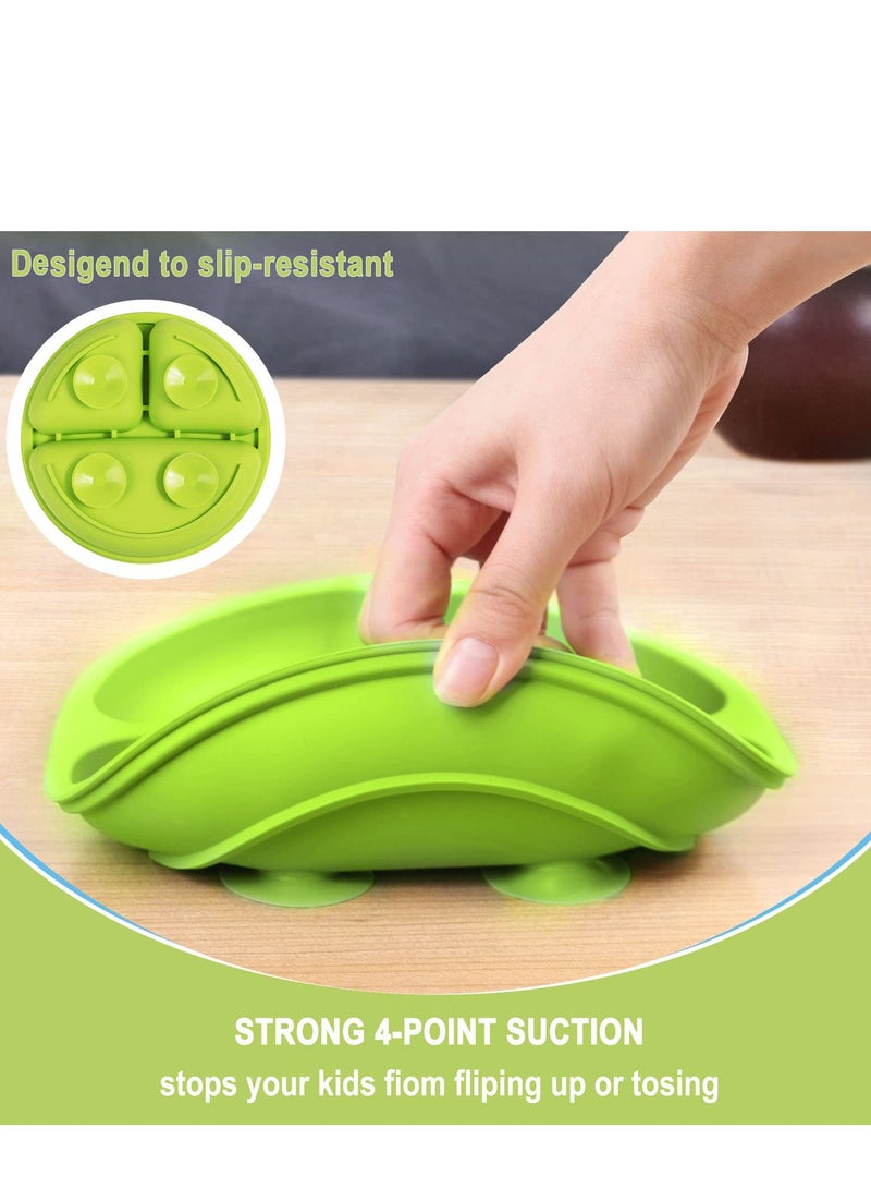 SYOSI 3 Pack Safe Silicone Baby Suction Plates, Toddler Divided Plate Set with Spoon Fork, Dishwasher and Microwave Safe Blue, Green, Gray - Image 4