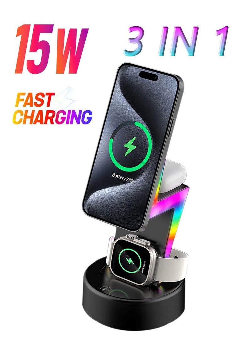 X-level Wireless Charging Station,Mag-Safe Fast Charger Stand for Devices,3 in 1 Charger for iPhone 16 Pro Max/16, Watch 10/9/Ultra 2/SE/8/7/6/5/4/3/2, AirPods Pro/Pro 2/3,Black  - Image 1