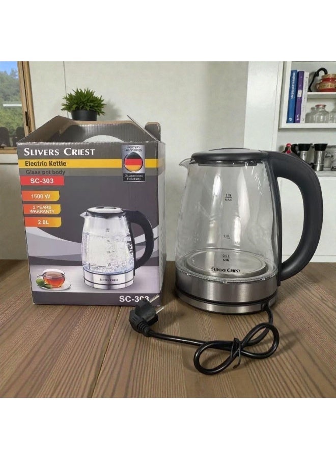 شظايا كريست غلاية زجاجية كهربائية Slivers Criest SC-303 – 1500 واط، سعة 2.0 لتر، غليان سريع، مياه ساخنة بسرعة وأمان - Image 2