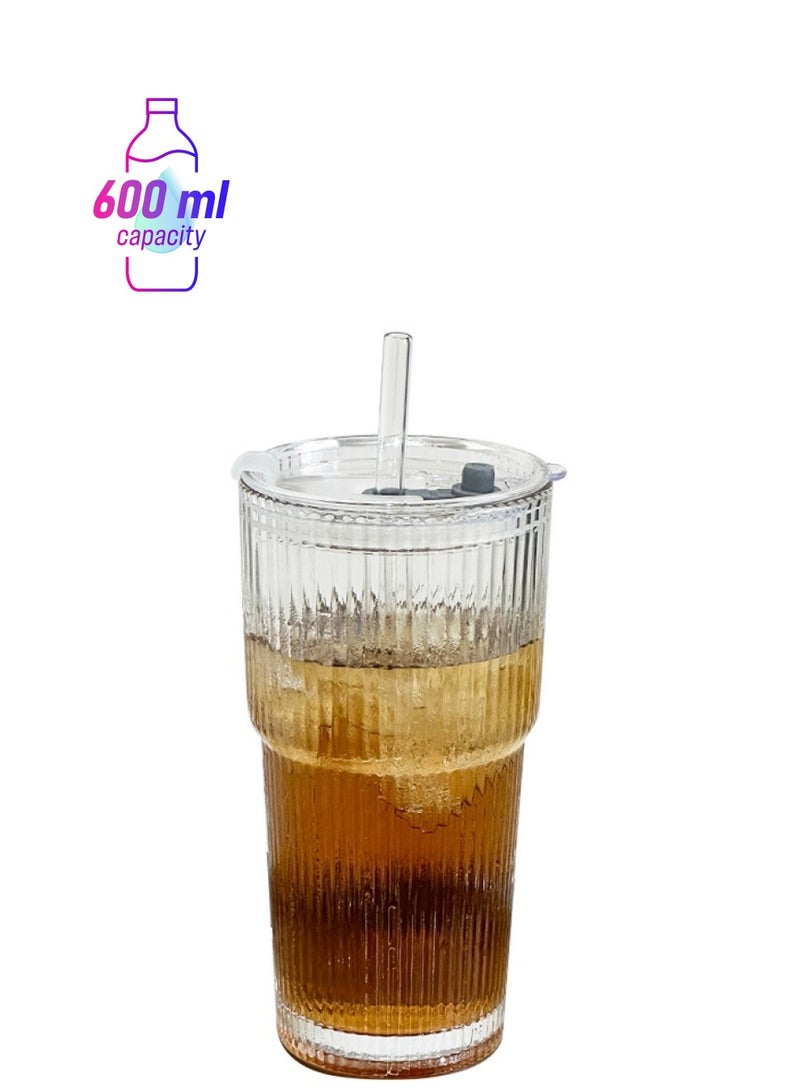 كوب ماء زجاجي، كوب حليب مع شفاطة وأغطية، كوب قهوة مزدوج الجدار قابل لإعادة الاستخدام، كوب ميلك شيك شفاف لطيف مقاوم للحرارة، لعصير الحليب والماء البارد الساخن والشاي والماتشا، كوب سفر 600 مل - Image 1