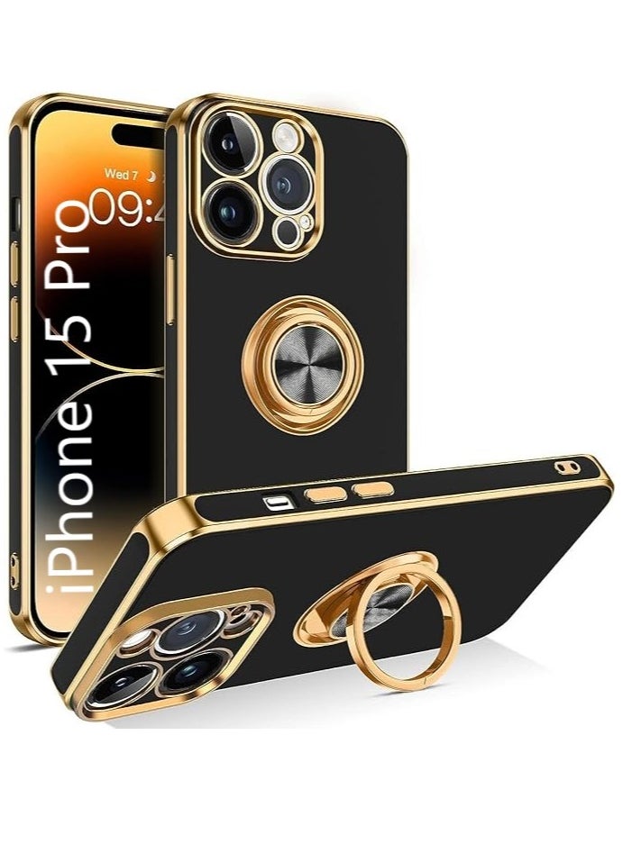 YoYoTech iPhone 15 Pro Soft Silicon Shockproof Luxury Gold Lining Case Rotatable Magnetic Ring Holder Kickstand Cover Full Camera Protection  - Image 1