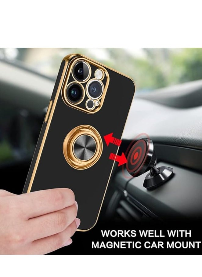 YoYoTech iPhone 15 Pro Soft Silicon Shockproof Luxury Gold Lining Case Rotatable Magnetic Ring Holder Kickstand Cover Full Camera Protection  - Image 2