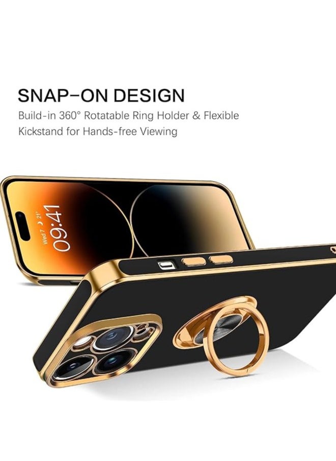 YoYoTech iPhone 15 Pro Soft Silicon Shockproof Luxury Gold Lining Case Rotatable Magnetic Ring Holder Kickstand Cover Full Camera Protection  - Image 3