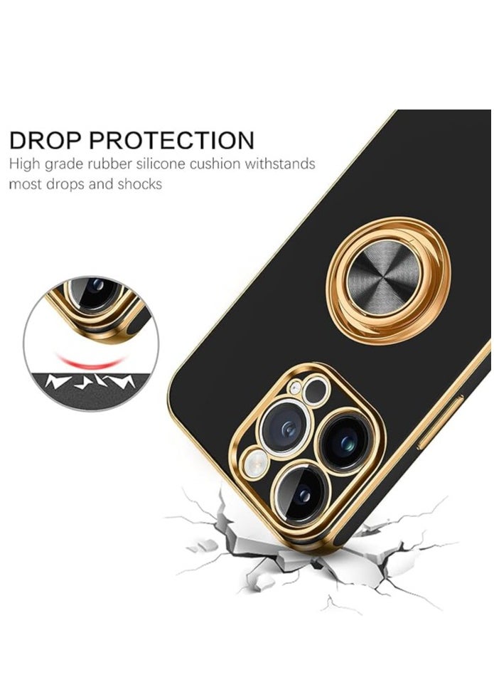 YoYoTech iPhone 15 Pro Soft Silicon Shockproof Luxury Gold Lining Case Rotatable Magnetic Ring Holder Kickstand Cover Full Camera Protection  - Image 5