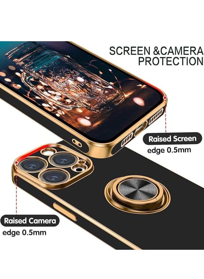 YoYoTech iPhone 15 Pro Soft Silicon Shockproof Luxury Gold Lining Case Rotatable Magnetic Ring Holder Kickstand Cover Full Camera Protection  - Image 4