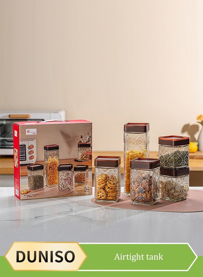 DUNISO 5 Pcs Sealed Glass Jar Set，Square Airtight Food Storage Jars，Clear Kitchen Spice Jar，With Sealing Lid，Leak Proof，Stackable，For Sugar, Tea, Coffee Bean, Pasta, Oat - Image 1