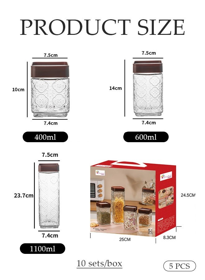 DUNISO 5 Pcs Sealed Glass Jar Set，Square Airtight Food Storage Jars，Clear Kitchen Spice Jar，With Sealing Lid，Leak Proof，Stackable，For Sugar, Tea, Coffee Bean, Pasta, Oat - Image 2
