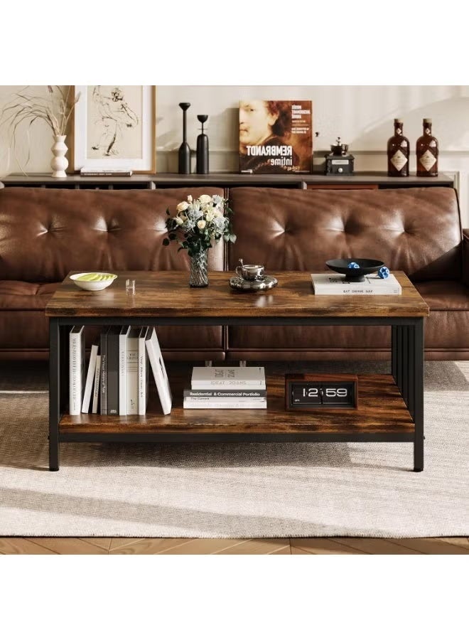 Farmhouse Coffee Table 39 Inch, Rustic Black and Brown, 2-Tier Slatted Sides - Image 3