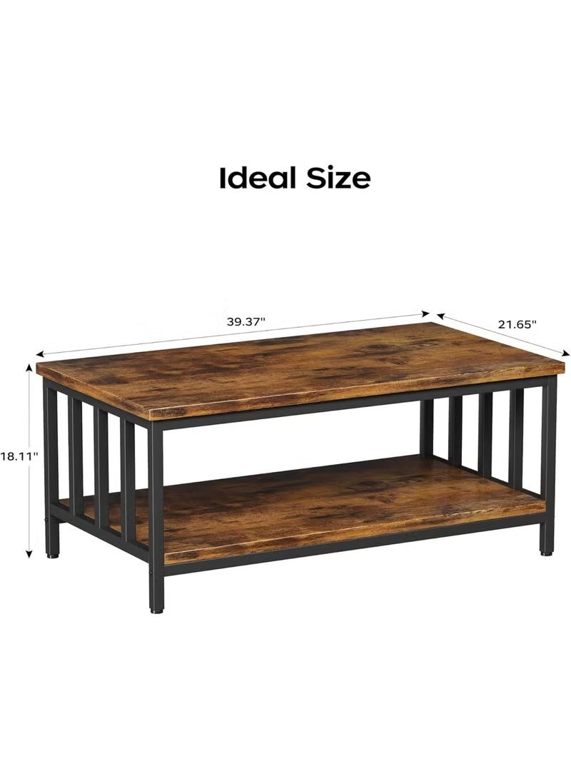 Farmhouse Coffee Table 39 Inch, Rustic Black and Brown, 2-Tier Slatted Sides - Image 2