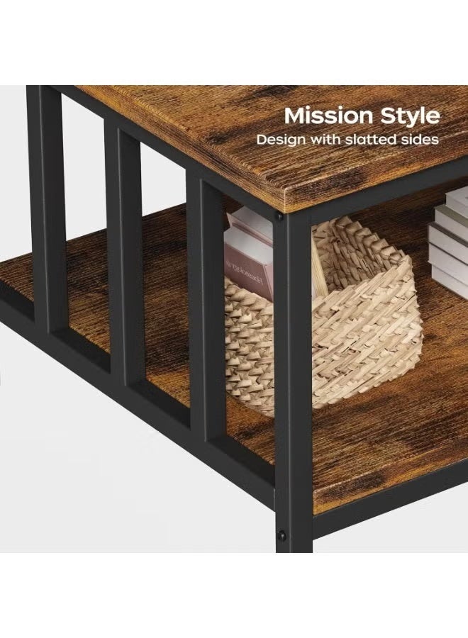 Farmhouse Coffee Table 39 Inch, Rustic Black and Brown, 2-Tier Slatted Sides - Image 4