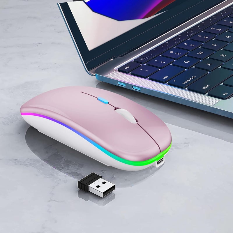 فأرة لاسلكية بلوتوث قابلة لإعادة الشحن لأجهزة الكمبيوتر المحمولة مع أضواء LED وصامتة ونحيفة (BT5.2 ومستقبل USB محمول 2.4G) فأرة كمبيوتر ثنائية الوضع لأجهزة الكمبيوتر المحمولة / iPad / Tablet / Apple / Computer / Mac (وردي) - Image 4