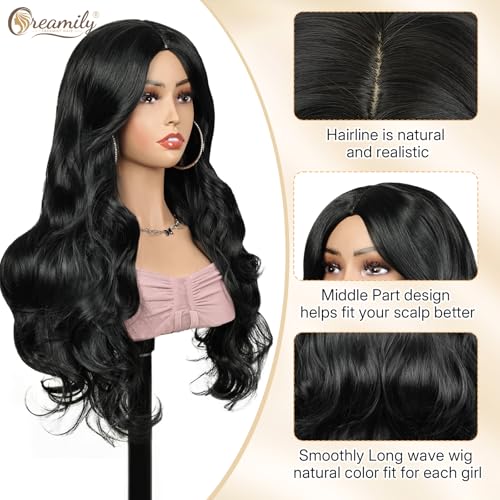 Creamily Black Long Curly Synthetic Full Head Wig for Women Natural Korean Style Hair Wig for Woman, Ladies Wigs for Daily/Party/Chemo Use S Soft & Voluminous (Black, 21 Inch) - Image 4