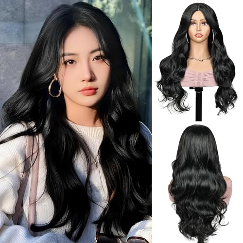 Creamily Black Long Curly Synthetic Full Head Wig for Women Natural Korean Style Hair Wig for Woman, Ladies Wigs for Daily/Party/Chemo Use S Soft & Voluminous (Black, 21 Inch) - Image 1