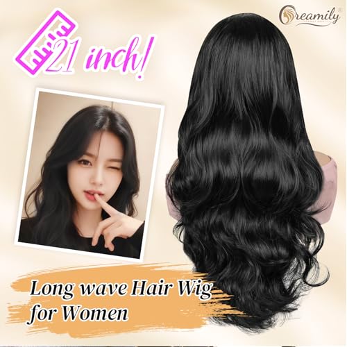 Creamily Black Long Curly Synthetic Full Head Wig for Women Natural Korean Style Hair Wig for Woman, Ladies Wigs for Daily/Party/Chemo Use S Soft & Voluminous (Black, 21 Inch) - Image 5