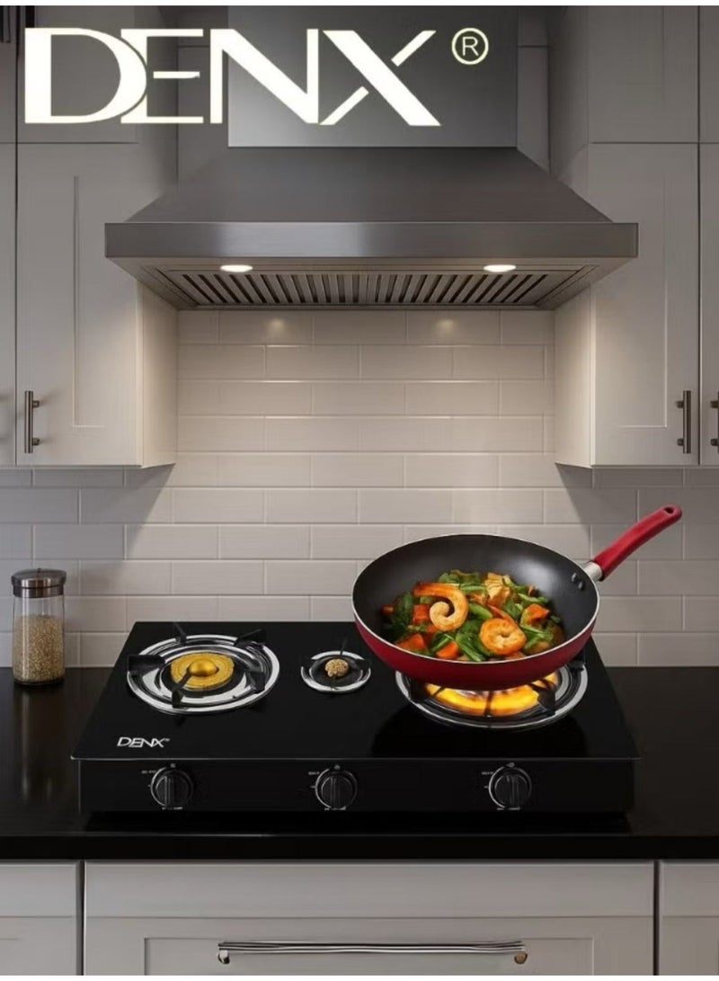 Denx Home Cooking Gas Stove Model DX2807 – 3 Burners with Gold-Plated Caps, Automatic Ignition, Sleek Design, 5.5kg Weight, 2800 Pa Gas Pressure – LPG Compatible - Image 3