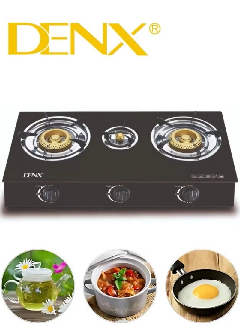 Denx Home Cooking Gas Stove Model DX2807 – 3 Burners with Gold-Plated Caps, Automatic Ignition, Sleek Design, 5.5kg Weight, 2800 Pa Gas Pressure – LPG Compatible - Image 2