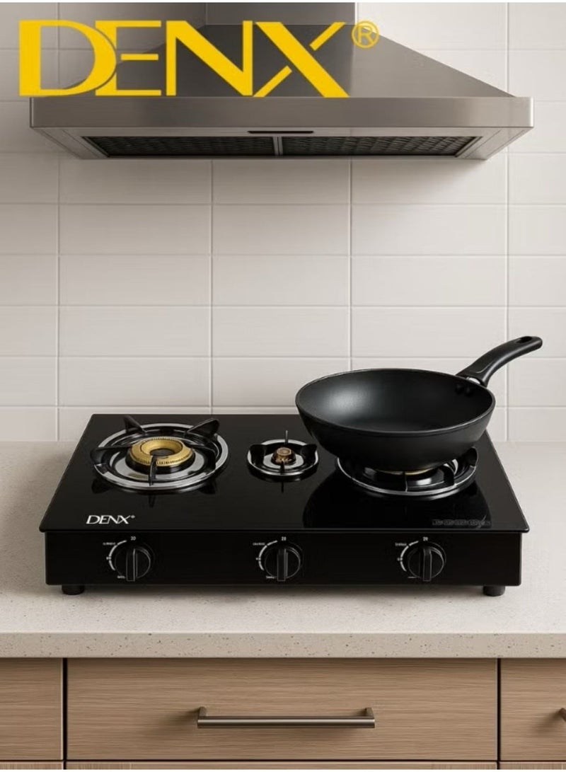 Denx Home Cooking Gas Stove Model DX2807 – 3 Burners with Gold-Plated Caps, Automatic Ignition, Sleek Design, 5.5kg Weight, 2800 Pa Gas Pressure – LPG Compatible - Image 1