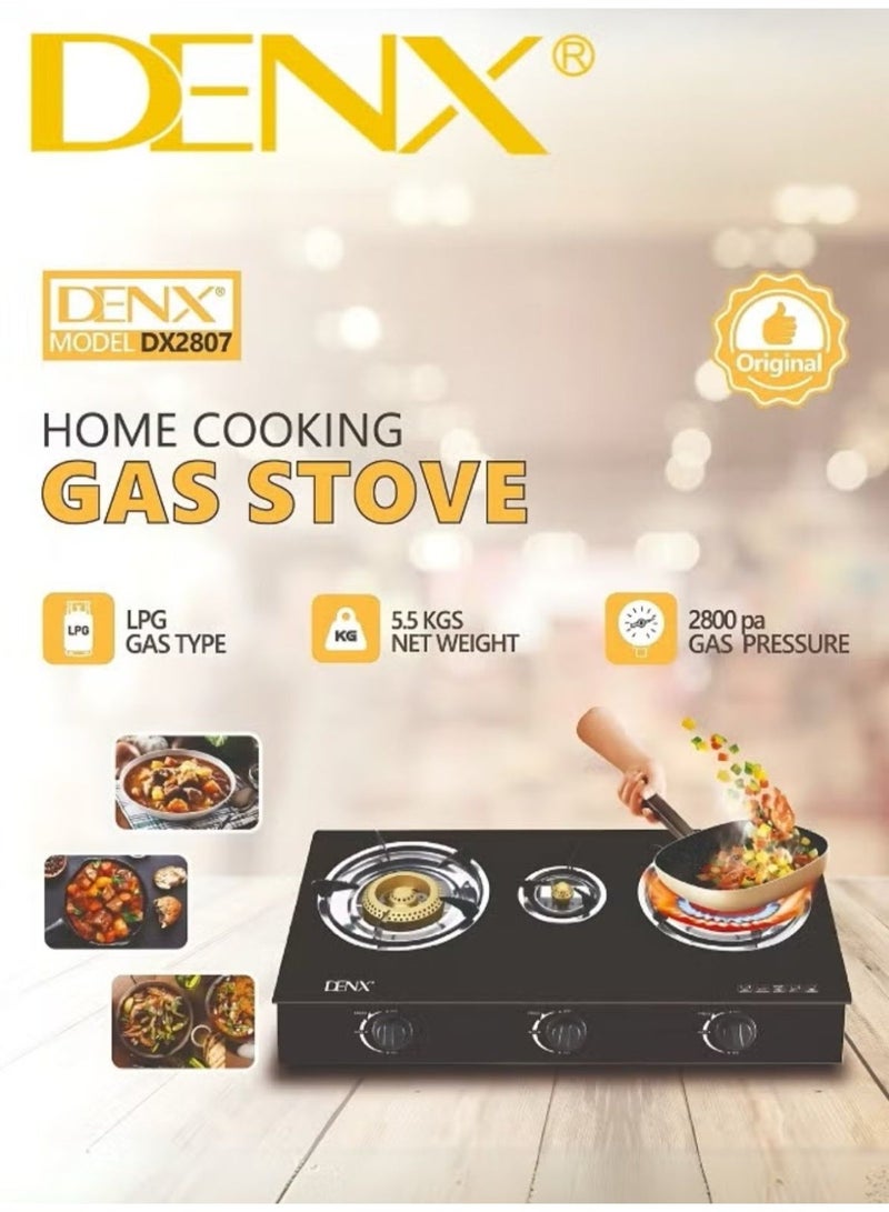 Denx Home Cooking Gas Stove Model DX2807 – 3 Burners with Gold-Plated Caps, Automatic Ignition, Sleek Design, 5.5kg Weight, 2800 Pa Gas Pressure – LPG Compatible - Image 5