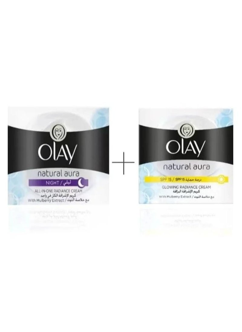 Olay The All-in-One Natch & Rall Aura Day & Night Cream Set to Brighten and Illuminate the Skin, made up of two pieces 