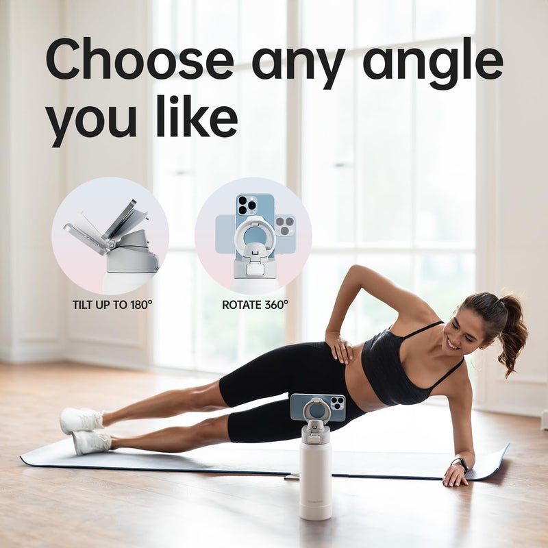 Magnetic Water Bottle 2 Litres MagSafe Compatible Phone Holder for Gym in Stainless Steel Thermal Bottle with Adjustable Angle Tripod for Video Recording (White) - Image 4