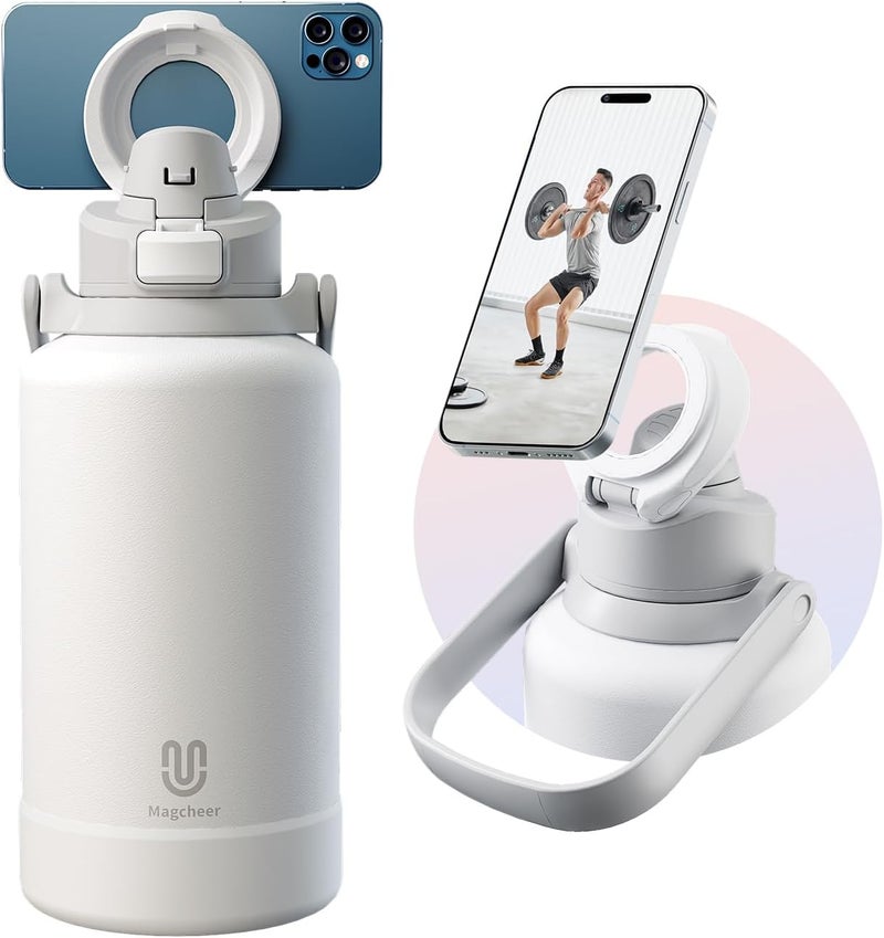 Magnetic Water Bottle 2 Litres MagSafe Compatible Phone Holder for Gym in Stainless Steel Thermal Bottle with Adjustable Angle Tripod for Video Recording (White) - Image 1