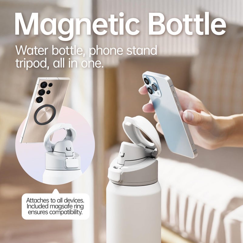 Magnetic Water Bottle 2 Litres MagSafe Compatible Phone Holder for Gym in Stainless Steel Thermal Bottle with Adjustable Angle Tripod for Video Recording (White) - Image 3