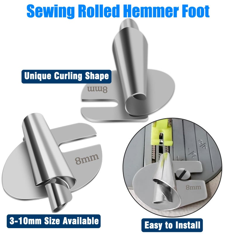 TOOVREN 8pcs Rolled Hem Presser Foot Sewing Rolled Hemmer Foot 3mm-10mm 8 Sizes Wide Hemmer Feet Set Seam Guide Universal Presser Feet Hemming for Sewing Machine Accessories and Tools - Image 4