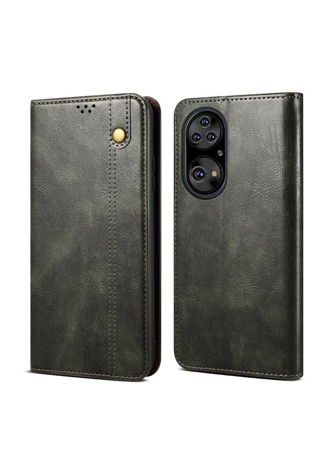 اس-توب جراب لهاتف Huawei P50 Pro، جراب جلدي أفقي قابل للطي بتصميم بسيط من الشمع، مع فتحات للبطاقات وحامل - Image 1